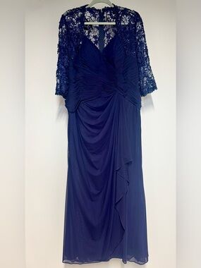 Montage by Mon Cheri Designer Navy Blue Lace Draped Formal Evening Gown Dress 16
